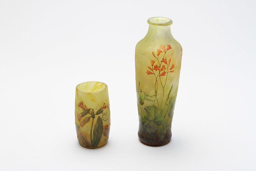 Pair of Daum Nancy Cameo Glass Cabinet Vase Vessels: Pair of Daum Nancy (Circa 1910, France) cameo glass landscape vessels. 1) 7.125 in. H x 2.375 in. dia. 2) 3.5 in. H x 2 in. dia.