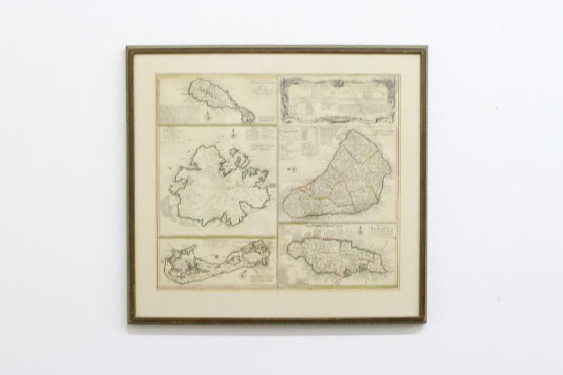 Pair of West Indies Antique Maps: Homann (Heirs) British West Indies map 25.625 in. H x 27.5 in W and Mercator/Hondius West Indies map 21.25 in. H x 26.25 in. W.