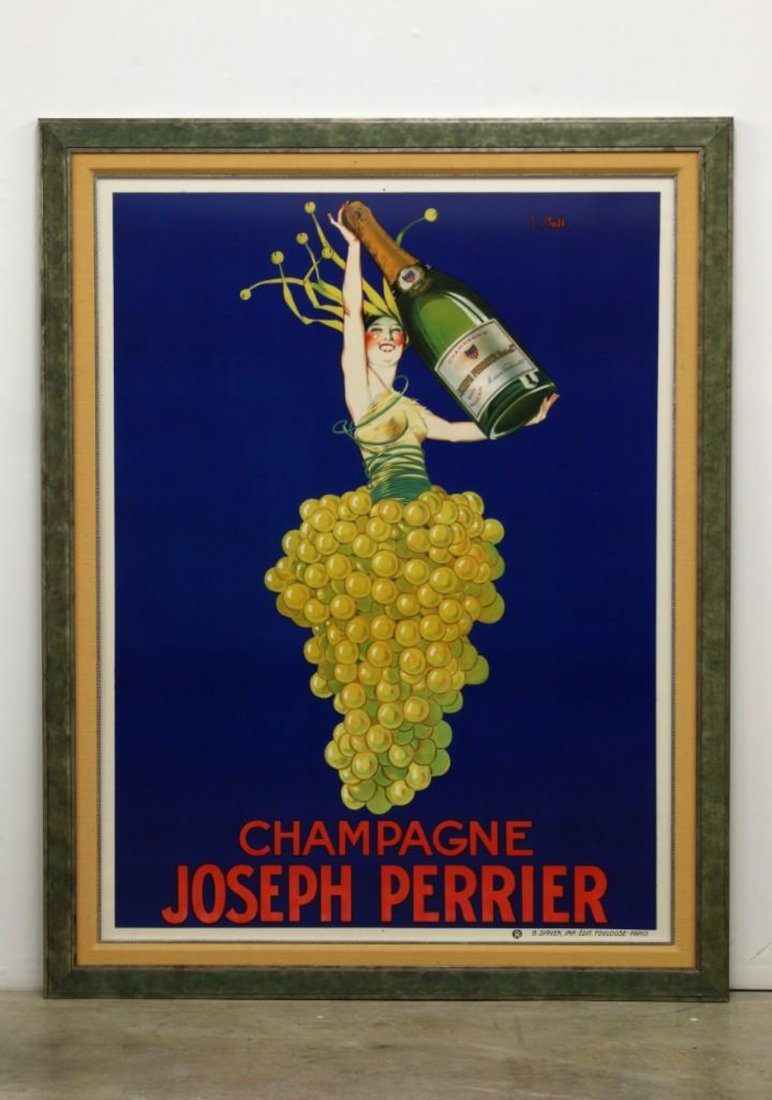 J. Stall 'Champagne Joseph Perrier' Advertising Poster: J. Stall (1874-1933) Champagne Joseph Perrier 1940s framed advertisement poster printed by B.Sirven, Paris. Woman with a torso of bunched grapes holding a champagne bottle Sight: 62.25 in. H x 46.75 i