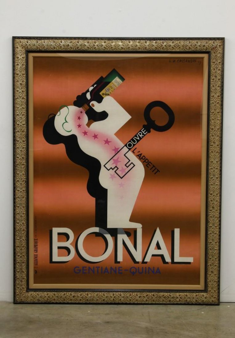 A.M. Cassandre Bonal Gentiane-Quina 1933 French Poster: A.M. Cassandre (1901-1968 France), Bonal Gentiane-Quina 1933 framed advertisement poster printed by Alliance Graphique. Man with large key in belly reading Open the Appetite, Sight: 60 in. H x 44 in. 