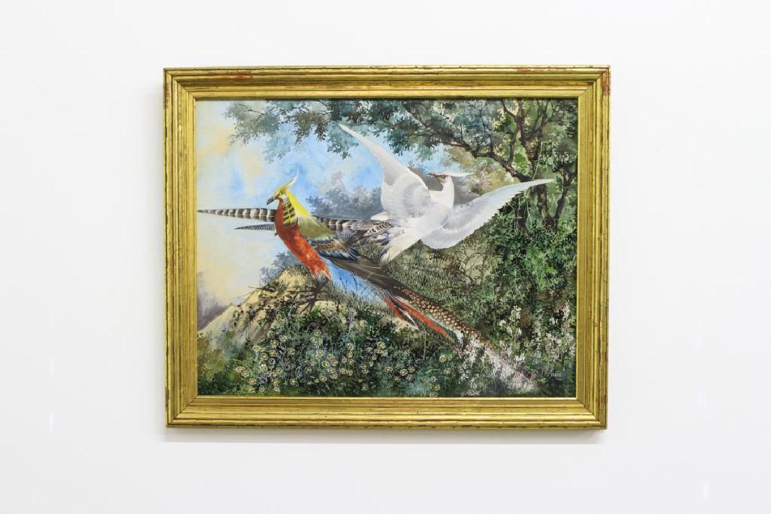 Toshio Aoki Painting Birds in Landscape: Toshio Aoki (1854-1912 CA/Japan) painting on board, framed. Signed lower right. Born in Yokohama, Japan in 1854, he emigrated to the United States around 1880. He relocated to Pasadena, California, in