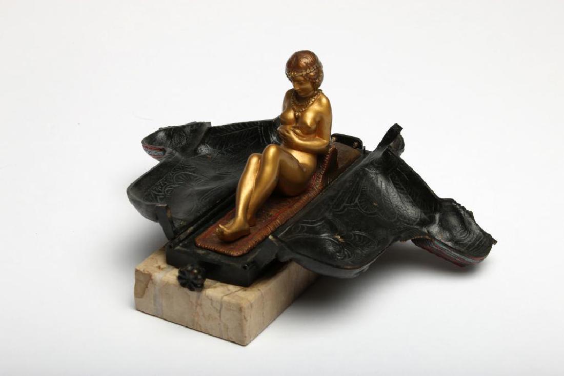Franz Bergman Erotic Bronze Nude Egyptian Sphinx: Bronze cold painted Egyptian Sphinx opens to reveal gold nude figure, by artist Franz Bergman (1861 - 1936 Austria). Noted for his detailed and colorful work, and signed with a 'B' in an urn-shaped ca
