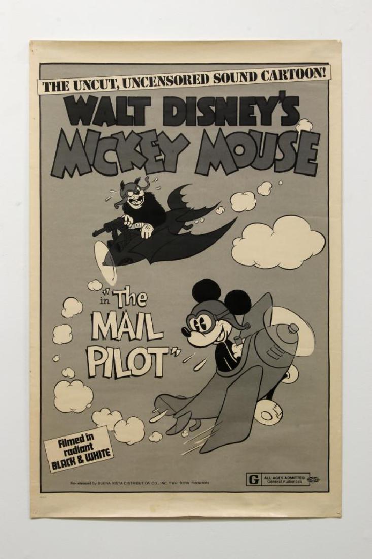Vintage Walt Disney Mickey Mouse The Mail Pilot Poster: 1974 Re-release of Walt Disney's Mickey Mouse The Mail Pilot Movie Poster. 1933 David Hand Walt Disney animated animation airplane aviation fighter pilot U.S. air mail delivery comedy cartoon short fe