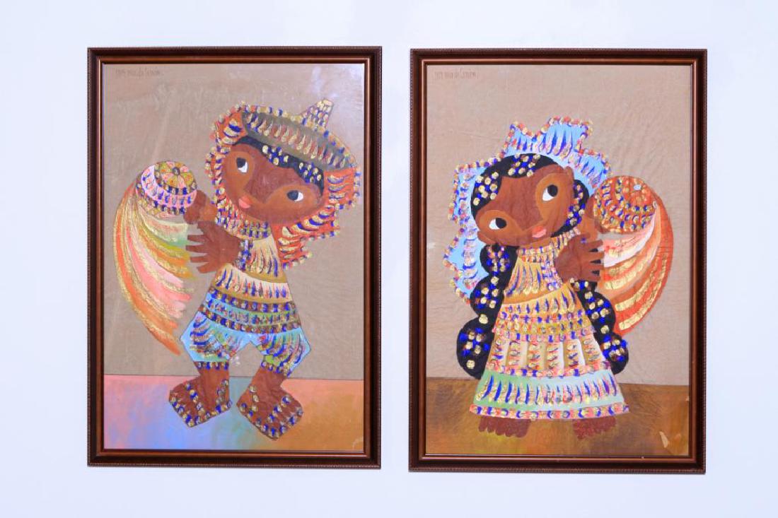 Pair of Jose Maria de Servin 'Dancing' Paintings: Pair of paintings by Jose Maria De Servin (1917-1983 Mexico), Boy and Girl wearing colorful costumes. Gouache and watercolor on paper, signed upper left. Sight: 24.625 in. H x 16.625 in. W each, Frame