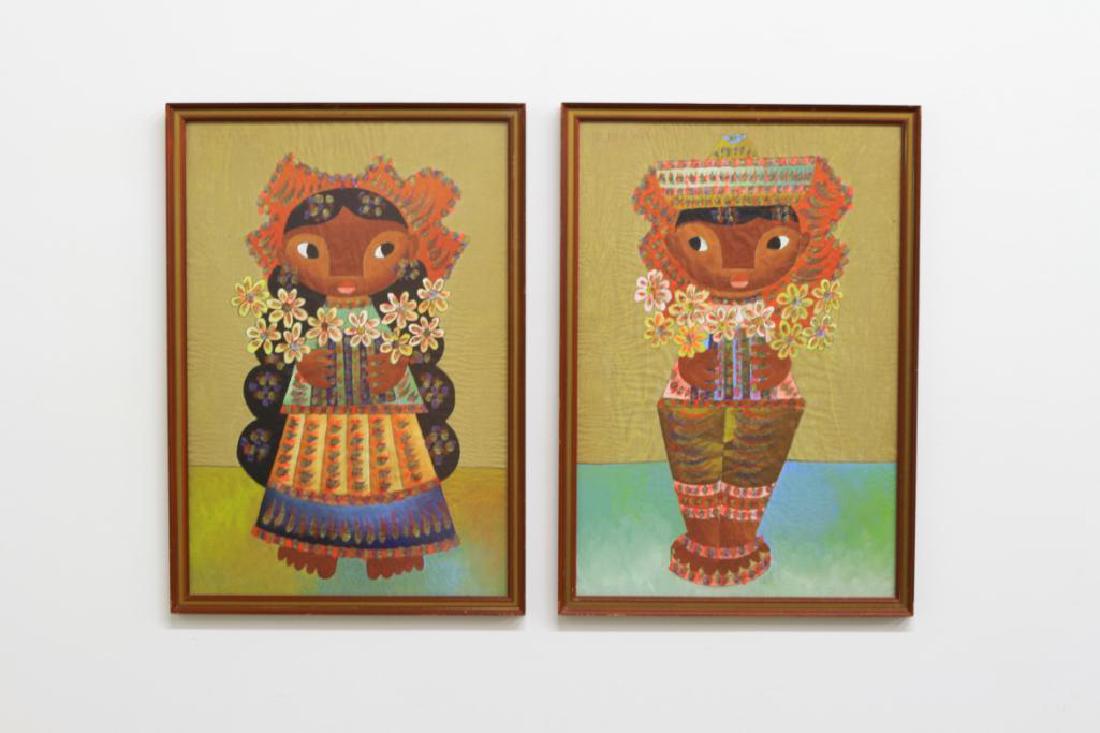 Pair of Jose Maria de Servin 'Flower Sellers' Paintings: Pair of paintings by Jose Maria De Servin (1917-1983 Mexico), Boy and Girl with bouquets of flowers. Gouache and watercolor on paper, signed upper left. Sight: 24.625 in. H x 16.625 in. W each, Frame: