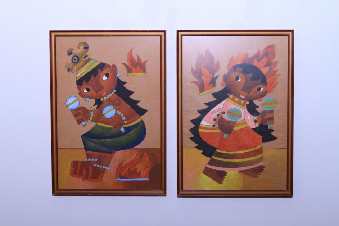 Pair of Jose Maria de Servin 'Fire Dancers' Paintings: Pair of paintings by Jose Maria De Servin (1917-1983 Mexico), Boy and Girl with maracas dancing. Gouache and watercolor on paper, signed upper left. Sight: 24.625 in. H x 16.625 in. W each, Frame: 26.