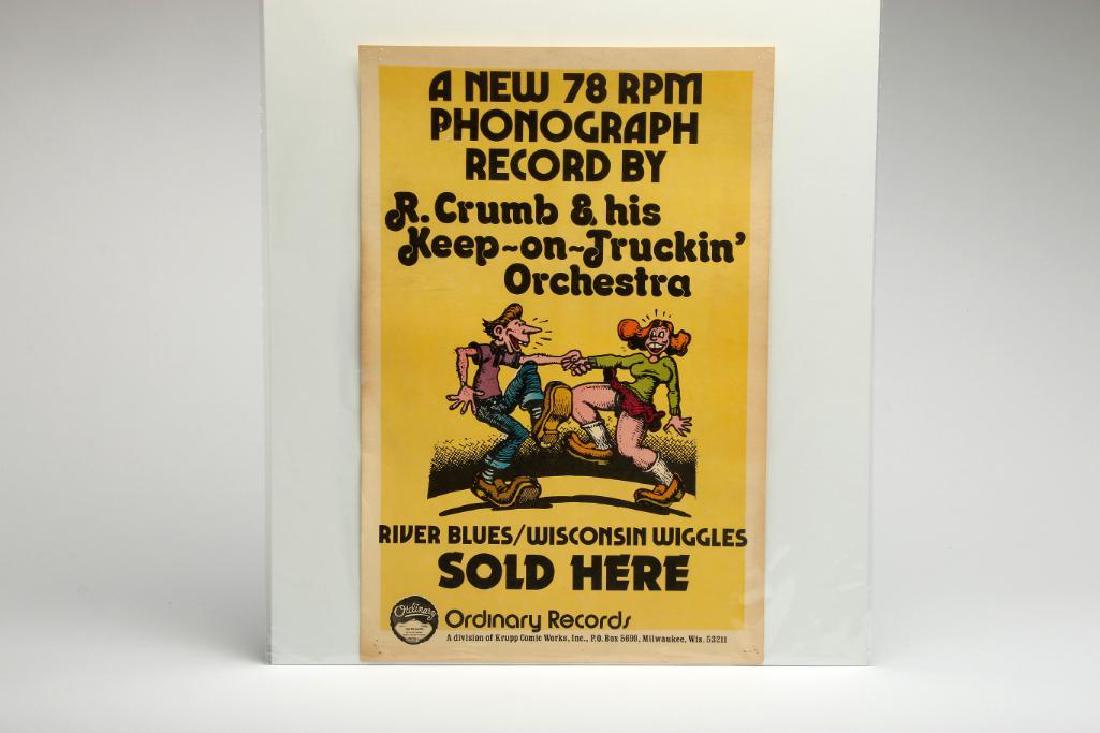 R. Crumb, 1972 Ordinary Records Poster: Krupp Comic Works (Kitchen Sink Press) promotional poster for Robert Crumb and His Keep-on-Truckin' Orchestra's very first record, "River Blues/Wisconsin Wiggles." Ordinary Records, Milwaukee WI, 1972