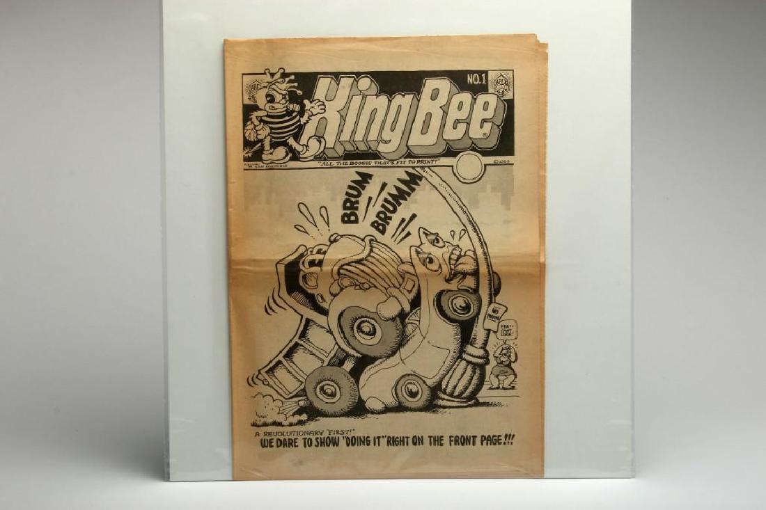 King Bee No. 1 San Francisco Apex Novelty Donahue 1969: Ed. S. Clay Wilson. Tabloid newspaper format. 16pp. Front cover art by R. Crumb, who contributes more inside, along with S. Clay Wilson, Wes Wilson, Victor Moscoso and Rick Griffin. Includes several p