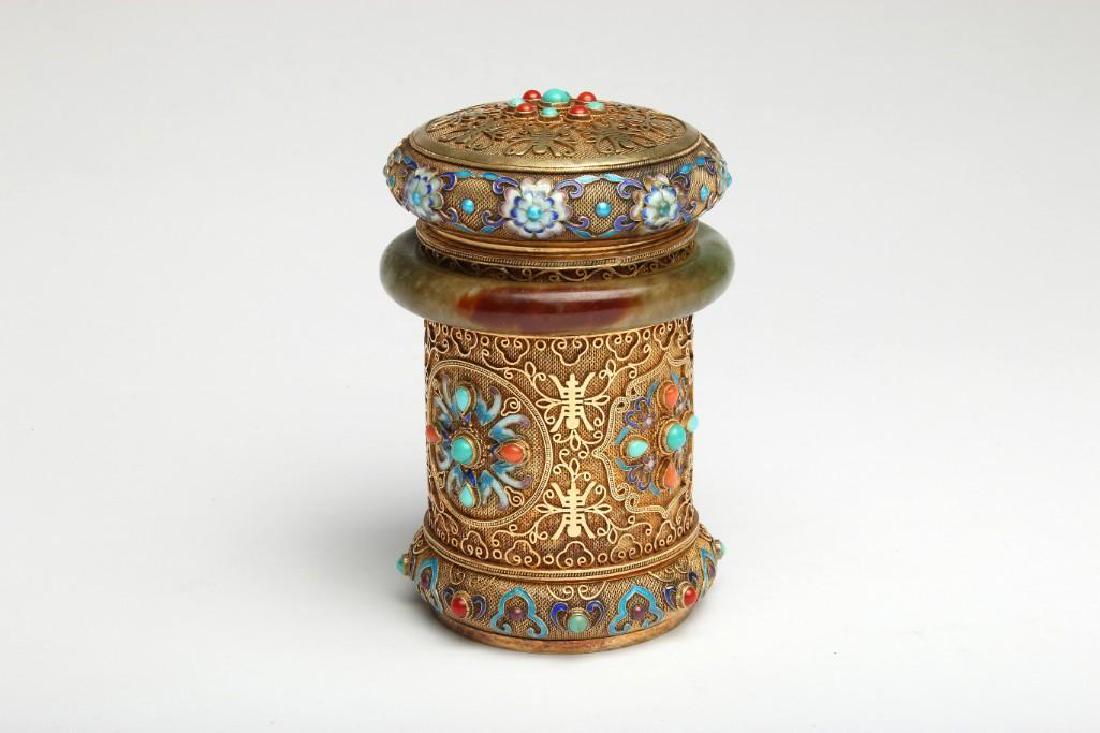 Chinese Cloisonne Silver Jade Bangle Stone Bracelet Box (1 of 6)