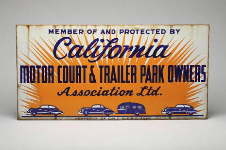 Vintage CA Motor Court Trailer Park Enamel Flange Sign: Double sided. 15 in. H x 30 in. W.