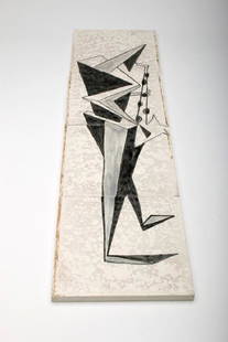 4 Painted Ramona Tiles Abstract Saxophone Player: 4 Painted Ramona Tiles Abstract Saxophone Player by P.T. and P. Co. 24 H x 6 W x .25 in. D overall.