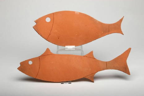 2 Terra-Cotta Doyle Lane Clay Fish Sculptures: 2 Doyle Lane terra-cotta bisque clay fish sculptures. 1) 6 in. H x 15 in. W x .5 in. D, 2) 5.5 H x 17.75 in. W x .5 in. D.