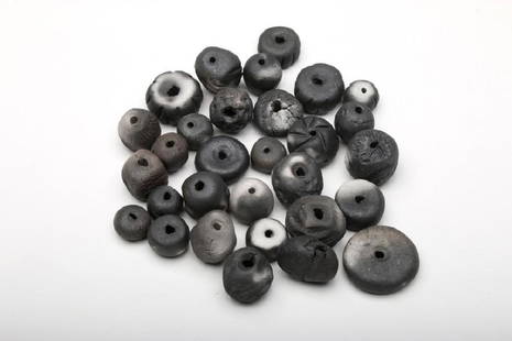Doyle Lane 30 Matte Grey Art Pottery Beads: Doyle Lane (American, 1925-2002). Approximately .25-.625 in. H x .5-1 in. Dia. each.
