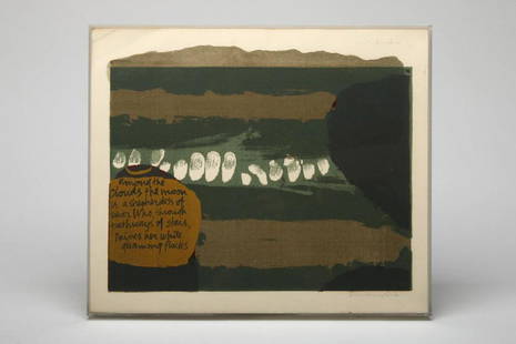 Sister Mary Corita Kent Among The Clouds The Moon Is A: Sister Mary Corita Kent (American, 1918-1986). Among The Clouds The Moon Is A Sheperdess. Serigraph. Signed lower right. Framed in a plastic five-sided box frame with frosted sides. 13 in. H x 15.25