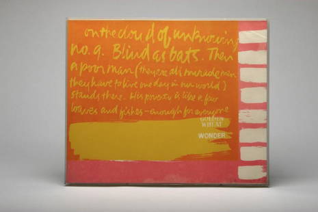 Sister Mary Corita Kent On The Cloud Of Unknowing: Sister Mary Corita Kent (American, 1918-1986). On The Cloud Of Unknowing. Serigraph. Signed lower right. Framed in a plastic five-sided box frame with frosted sides. 14.25 in. H x 17.5 in. W, Frame: