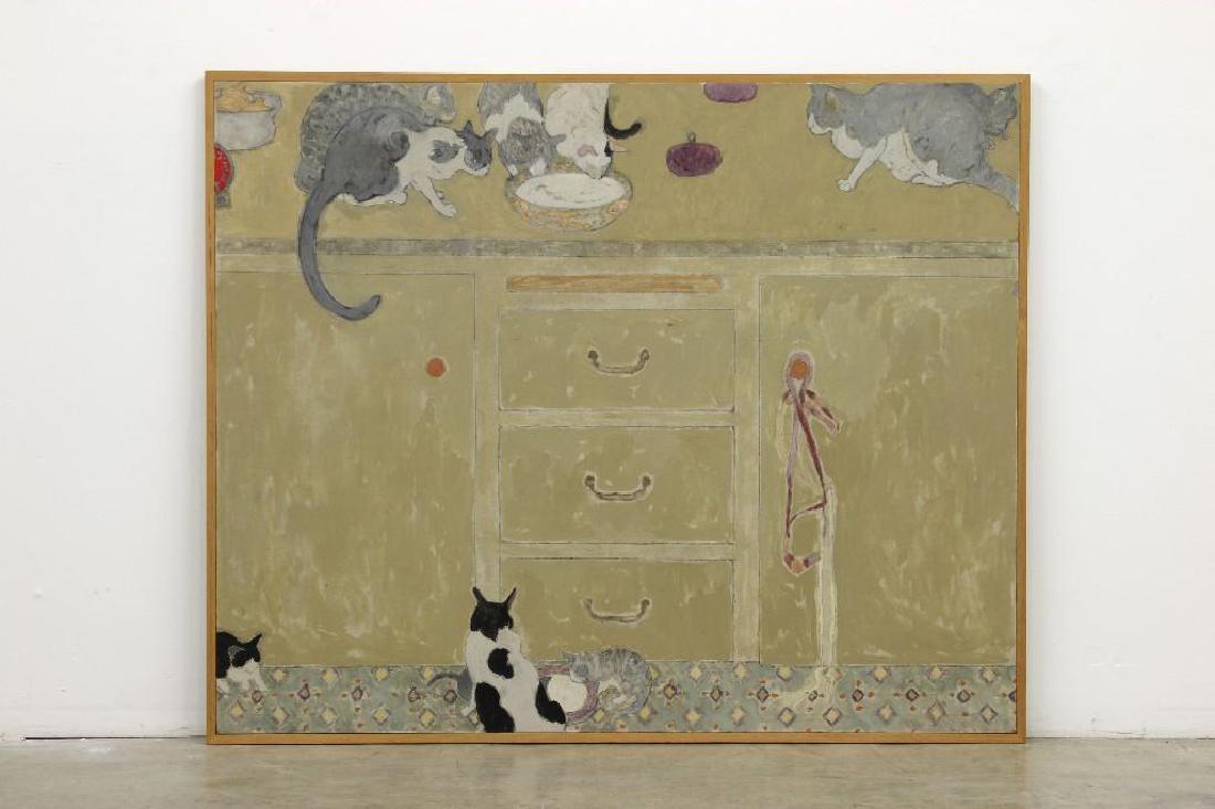 Susan Hertel Cats In The Kitchen Oil On Canvas: Susan Hertel (American, 1930-1992). Cats In The Kitchen. Oil on canvas. Pencil signed lower edge. Framed. Retains label from Ankrum Gallery. Canvas: 50.5 in. H x 62 in. W, Frame: 52.125 in. H x 63.75