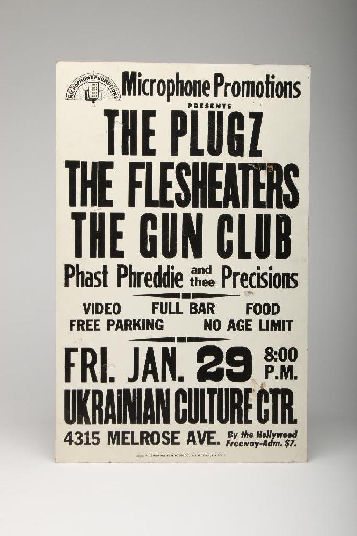 Vintage 1982 The Plugz The Flesheaters The Gun Club: Produced by Microphone Promotions. With Phast Phreddie and thee Precisions. Colby Poster Printing Co. lower center. 14 x 22 in.
