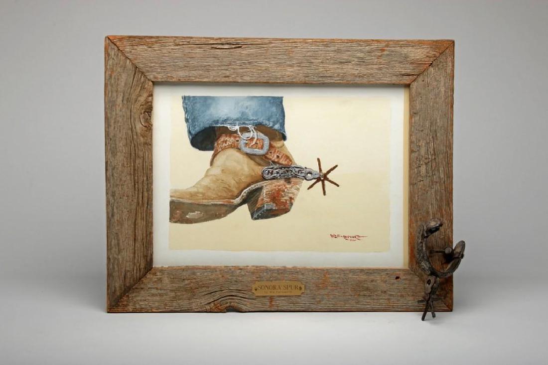 Bill Farnsworth Signed 1989 Sonora Spur Watercolor: Framed. Includes actual spur depicted in the watercolor. Visible 11.5 in H x 15.5 in W; Frame 17 in H x 21.5 in W.; Spur is approx. 4 in deep.