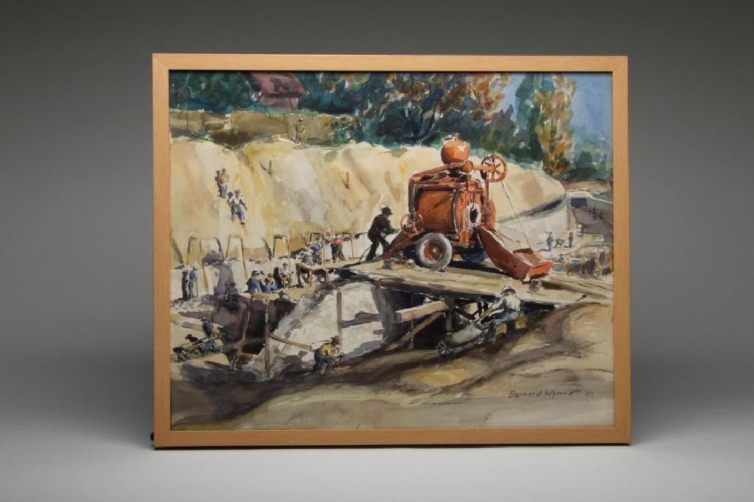 Bernard Wynne Pasadena Construction Scene Watercolor: Bernard Wynne (1920 - 2009) Watercolor. Framed. 18.5 in H x 23 in W.