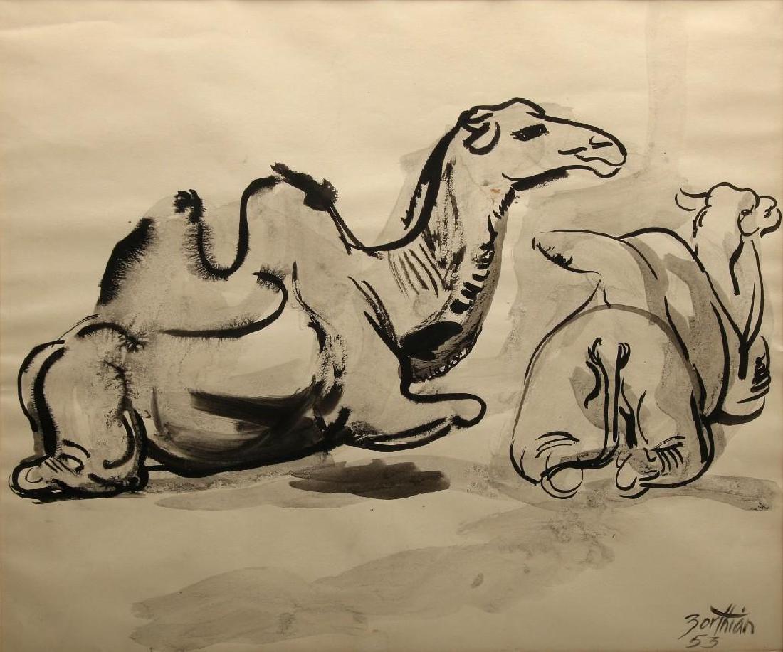 Jirayr Zorthian Signed Camels Ink On Paper: Signed and dated 53 lower right. 14.75 in H x 18 in W.