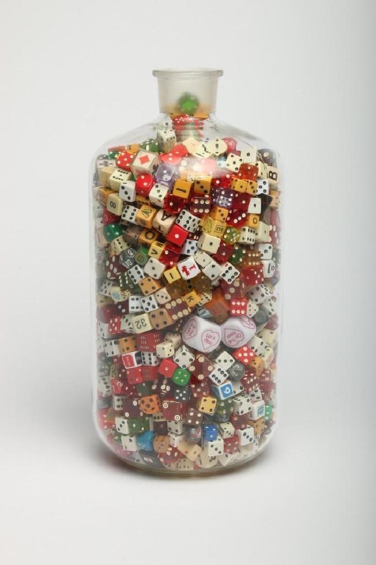 Large Bottle of Dice: Approx. 16 in H x 9 in Dia. Glass jar filled with varied assortment of vintage dice, betting cubes and other rolling game pieces.