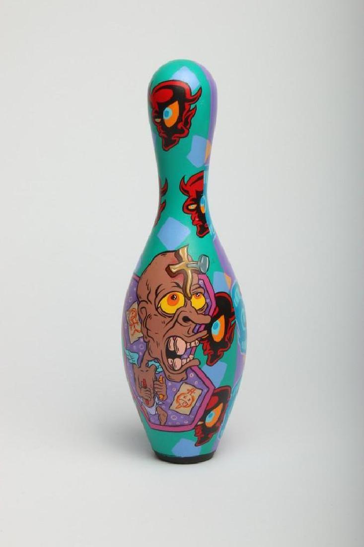Alan Forbes Bowling Pin Mixed Media 1994 Low Brow Art: Alan Forbes (American, b. 1968) Approx. 15 in H x 5.5 in Dia. Alan Forbes is a rock music poster artist. He developed the signature icon of The Black Crowes, as well as posters, symbols and album artw