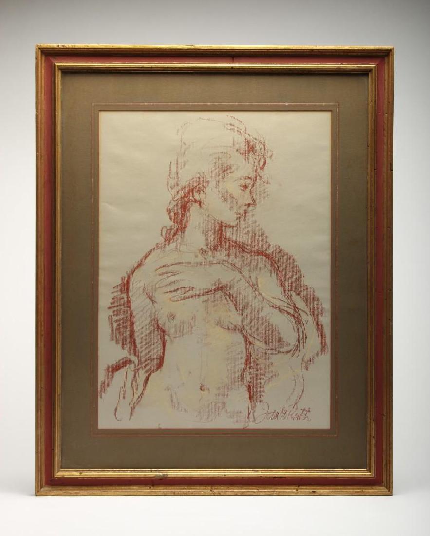 Jan de Ruth (1922-1991) Drawing: Charcoal on paper. Visible 23 in H x 17 in W. Frame 32.75 in H x 26 in W x 1 in D. Signed lower right. Jan De Ruth was active/lived in New York/Czech Republic. Jan De Ruth is known for figure-nude and