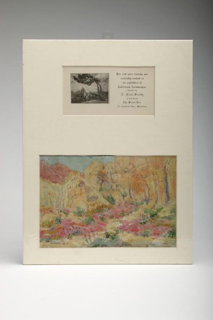 F Carl Smith (1868-1955) California Landscape: F Carl Smith (American, 1868-1955). Specially matted 2 piece display of a vintage approx. 3.25 in. H x 6 in. W invitation with an original 6 in. H x 8.75 in. W oil painting (Attributed) . 14.5 in. H x