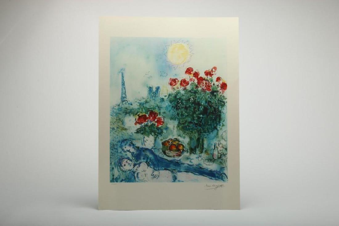 Marc Chagall (1887-1985) Bouquet Lovers in Paris: Marc Chagall (1887-1985 Russia/France/New York) lithograph in color print on paper. Stamped signature lower right and numbered 108 of 300 lower left. Unframed. approx. 29.75 in. H x 21.5 in. W.