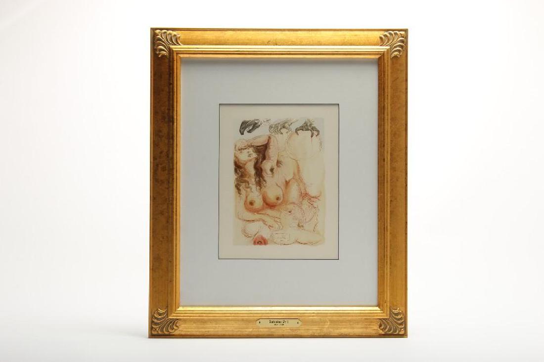Salvador Dali, The Eagle of Grace, Woodblock Print COA: Signed and dated in print. Visible image 12 x 9.25 in. Frame 24 in x 20 in. Includes Certificate of Authenticity.