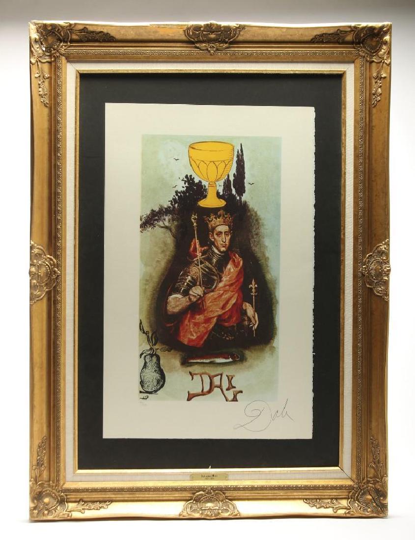 Salvador Dali, King of Cups Print 135/250 COA: Lyle Stuart Tarot Print. 1978. Signed by artist, 135/250. Frame: 44 in. H x 32 in. W; visible: 30 in. H x 19 in. W. Includes Certificate of Authenticity.