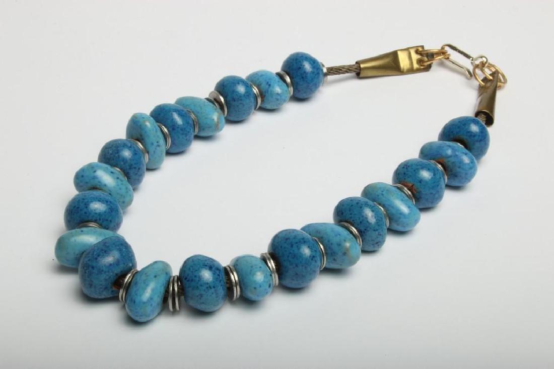 Doyle Lane (1925-2002) MCM Studio Pottery Necklace: Original necklace made by Doyle Lane (Calif. 1925-2002). Approx 20 in long. Multi Bead Necklace designed and constructed by Doyle Lane. Includes robins egg blue speckled cylindrical beads separated by