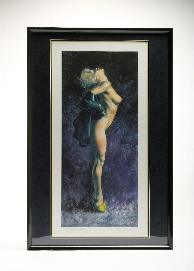 Olivia De Berardinis Dual Signed Rhonda Ridley Print: Original print on paper. Signed and numbered in lower margin by artist in pencil and model Rhonda Ridley. Approx. image size 27.5 in H x 12 in W. Framed.