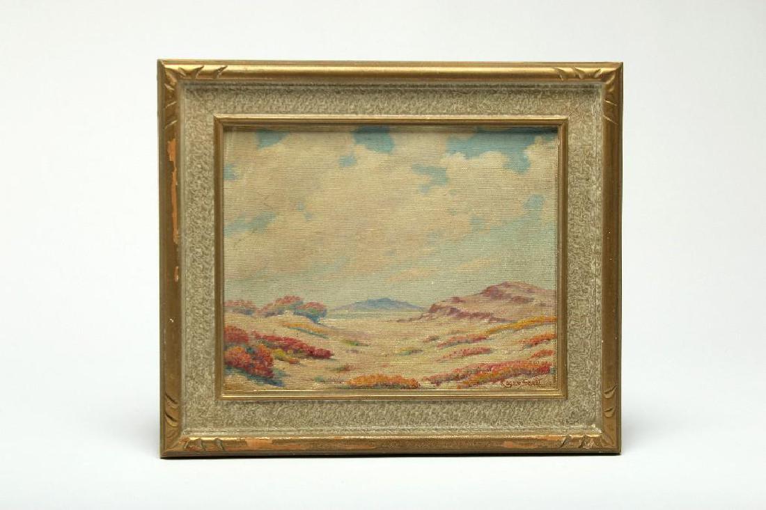 Roger Scott (1898-1976) Oil on Canvas: Desert landscape. Signed lower right. Painting measures approx. 10 in W x 8 in H. Frame measures 13.25 in W x 11.25 in H. Roger Scott was active/lived in California. Roger Scott is known for desert la