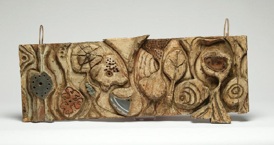 Carved Wood Wall Sculpture Circa 1960s: Approx. 39.5 in W x 13.25 in H.