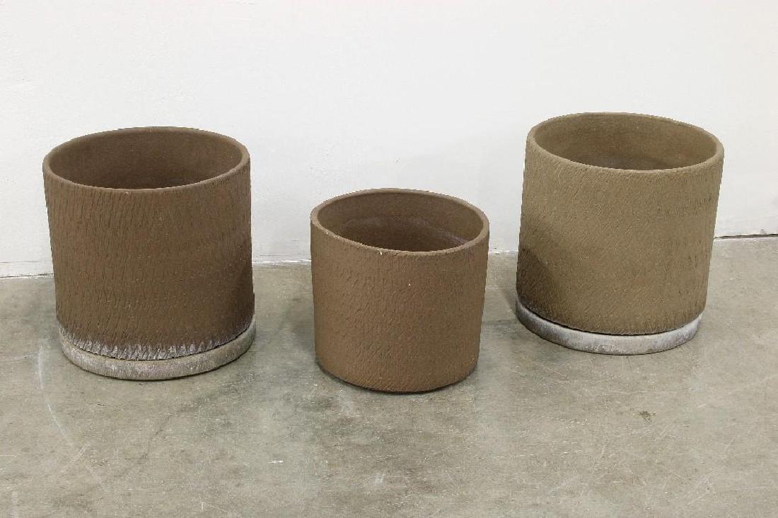 Group of 3 Gainey Pots by David Cressey Earthenware: 1) 11.5 in H x 12.5 in Dia., includes dish 12.5 in Dia. 2) 11.5 in H x 12.5 in Dia., includes dish 12.5 in Dia. 3) 9.5 in H x 11 in Dia.