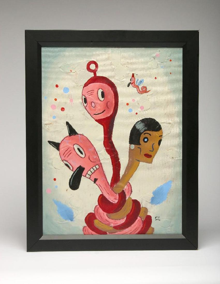 Gary Baseman (b. 1960) Acrylic on Board: Original painting depicting Toby and other Baseman characters intertwined as worms. Signed lower right. Painting measures approx. 24 in H x 18 in W. Frame measures 27.5 in H x 21.5 in W. Gary Baseman