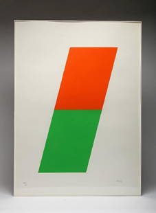 Ellsworth Kelly (1923-2015) Signed 1970 Lithograph: Gemini G.E.L. lithograph. Pencil signed and numbered. Titled Orange/Green. 1970. Edition 74/75. Approx 41 in H x 30 in W. Includes original print documentation and booklet from Gemini G.E.L., 8365