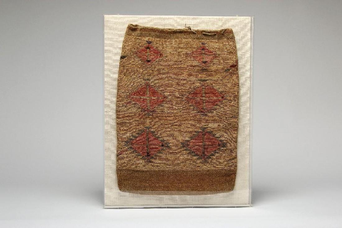 Antique Nez Perce Indian Woven Corn Husk Bag 1900s COA: Bag is 21 in L x 16 in W. Lucite frame is 25 in H x 19.25 in W x 2.5 in D. Includes Certificate of Authenticity from The Native American Art Gallery, Venice CA with ID EL92-142.