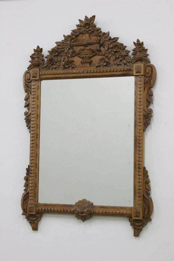 Antique Hand Carved French Wooden Mirror: Approx. 46 in H x 30 in W.