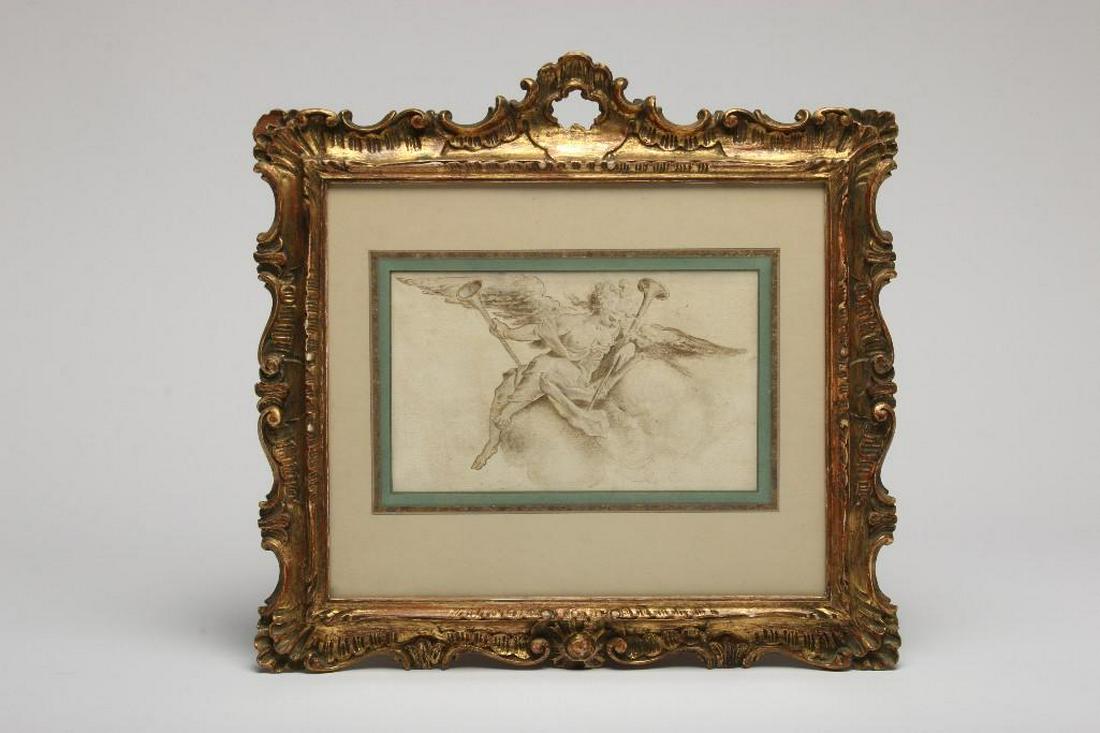 17th Century After Bartholomeus Spranger Drawing Angel: Winged Angel with trumpets. Visible approx. 8.75 in x 5.25 in. Frame 15.5 in x 15 in.