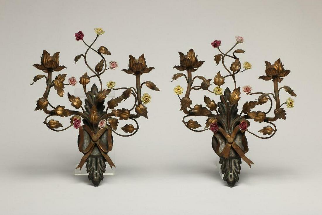 Pair Antique Metal and Porcelain French Wall Sconces: Wall Sconce Candleholders, Circa 1890. Each approx. 16 in H x 12 in W x 5.5 in D.