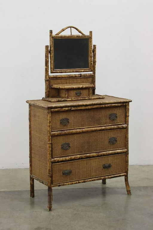 Antique Victorian Rattan 3 Drawer Dresser Vanity Mirror