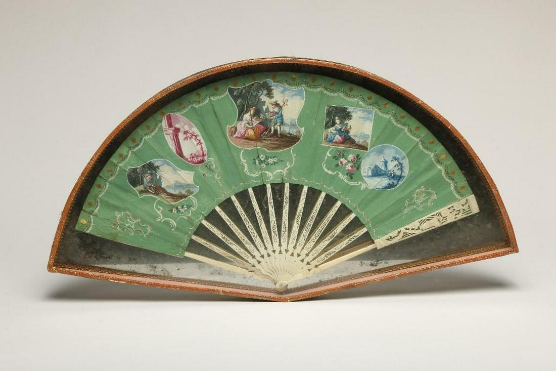 Antique 19th Century Hand Painted Fan: Old mirrored backing in frame. Fan approx. 21 in W x 11 in H. Frame approx. 24.5 in W x 13 in H x 1.5 in D.