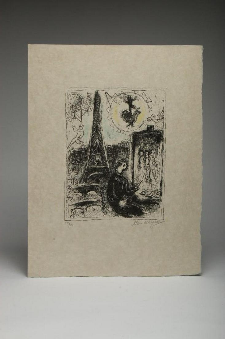 Marc Chagall (1887-1985) Signed Lithograph 35/50: Marc Chagall (Russian-French, 1887 - 1985). Painter at the Eiffel Tower. 1979. Lithograph in color print on Japon nacre paper. Pencil signed lower right, numbered 35/50 lower left. 23 in. H x 17.5 W.