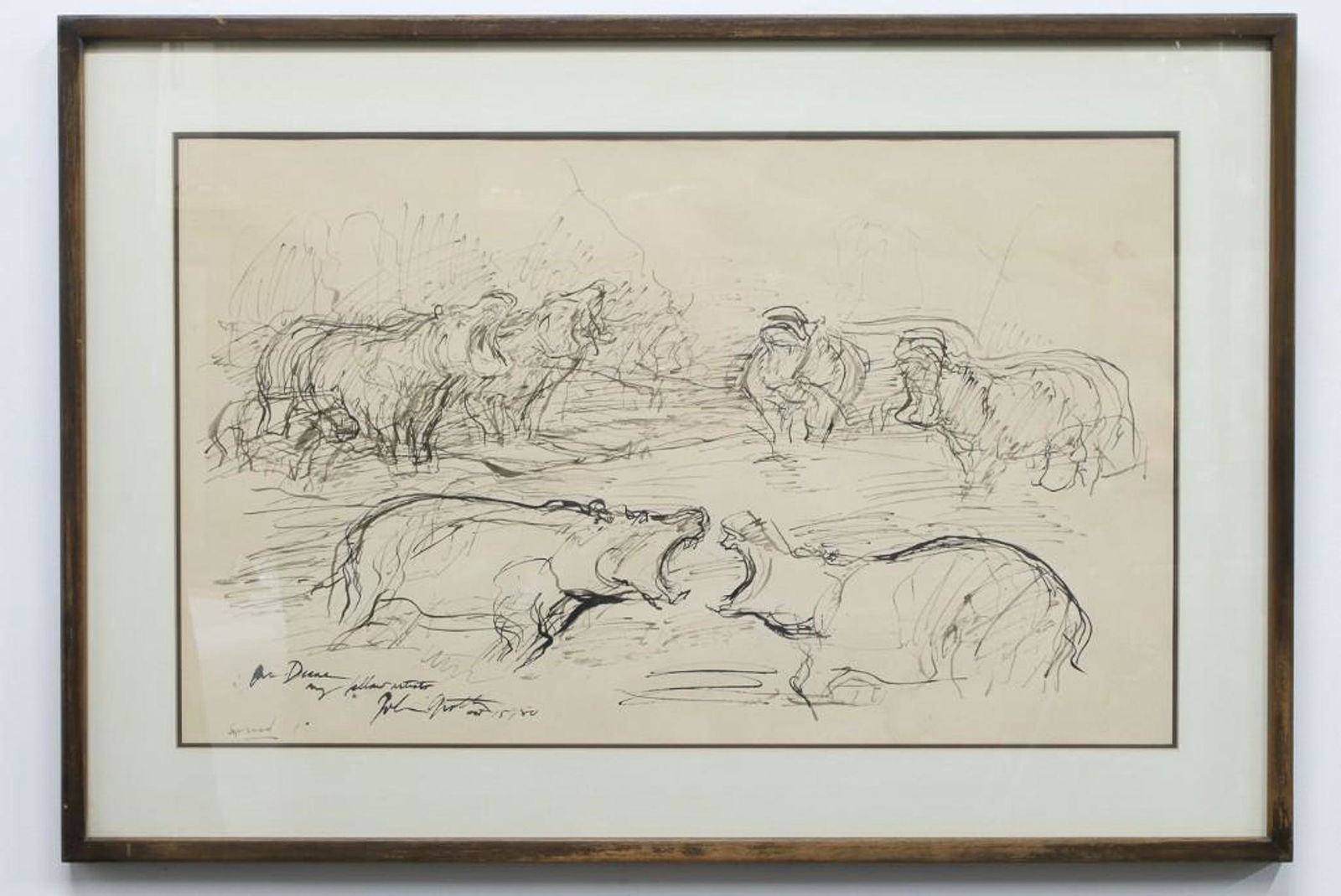 John Groth (1908-1988) Ink Drawing of Hippos, 1980: Visible 29.5 x 18 in. Frame 36.5 x 25 in.