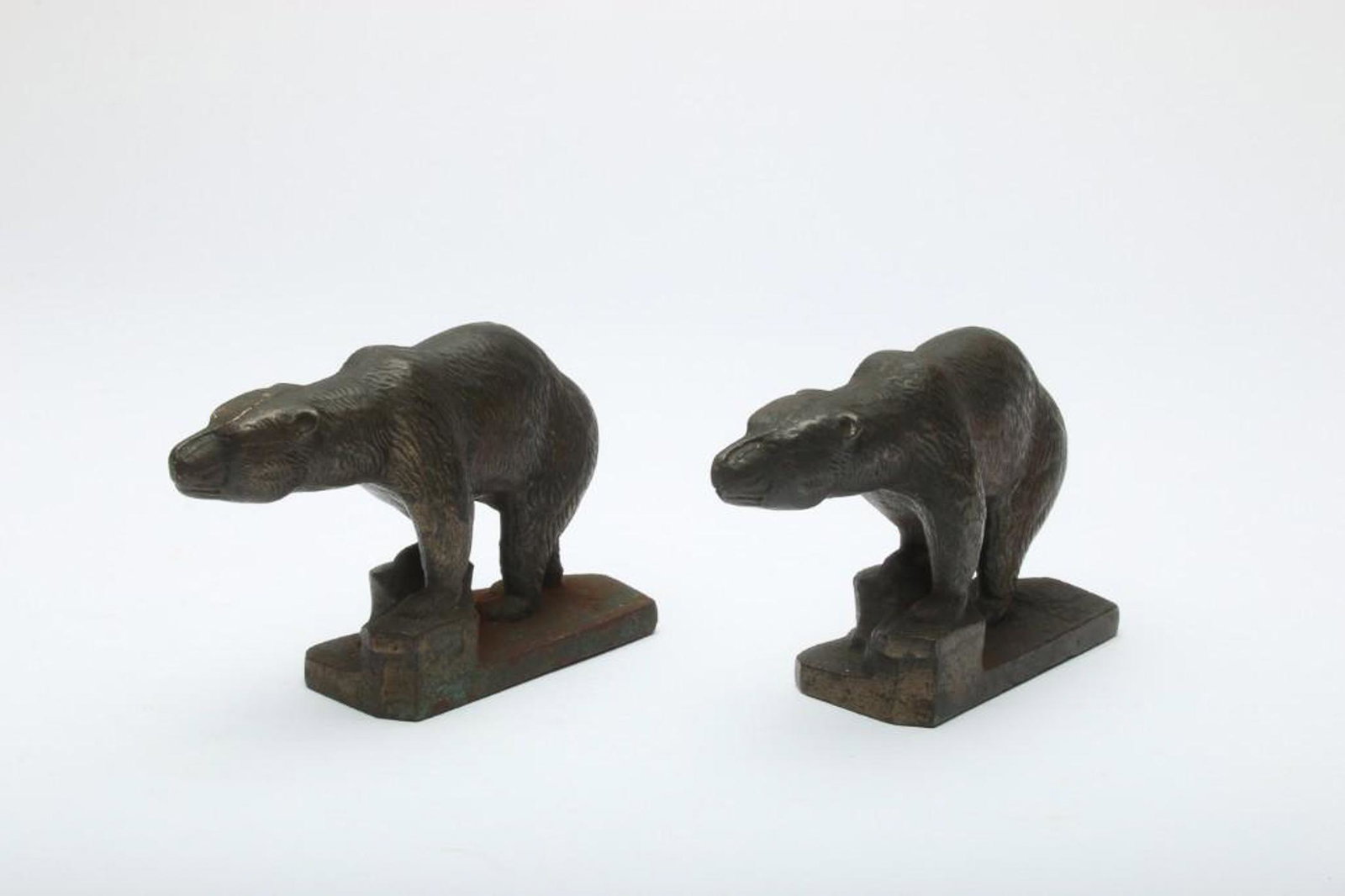 Pair Bronze Bear Book Ends Doorstops: Each approx. 3 in H x 6 in L x 2.5 in D.