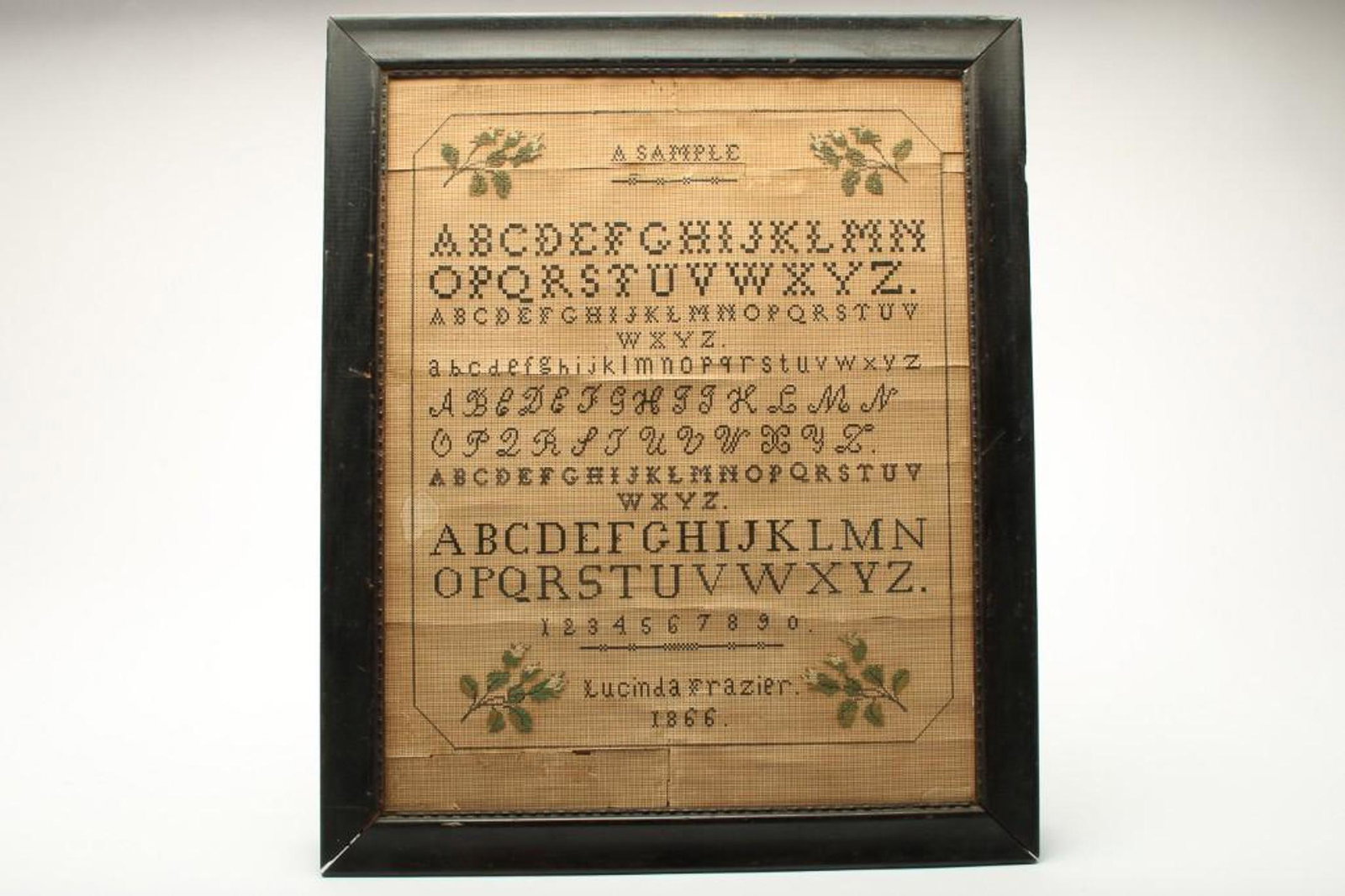 Antique Needlepoint Sampler Schoolgirl 1866: Made by Lucinda Frazier, 1866. Frame approx. 20 x 16.5 in.