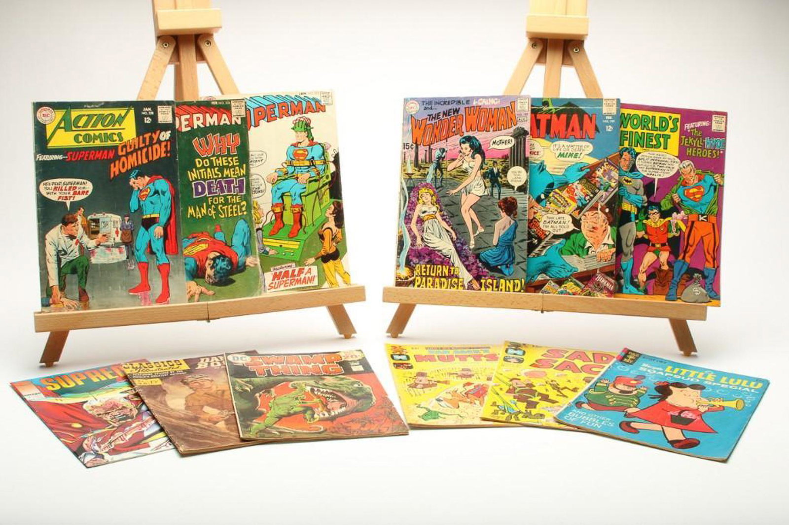 Lot of 12 Vintage Comic Books DC Superman Wonder Woman: Includes: 1) DC National Comics Superman Guilty of Homicide, Jan. No. 358; 2) DC National Comics Superman LL Why Do These Initials Mean Death to Superman, Feb. No. 204; 3) DC National Comics Superman 