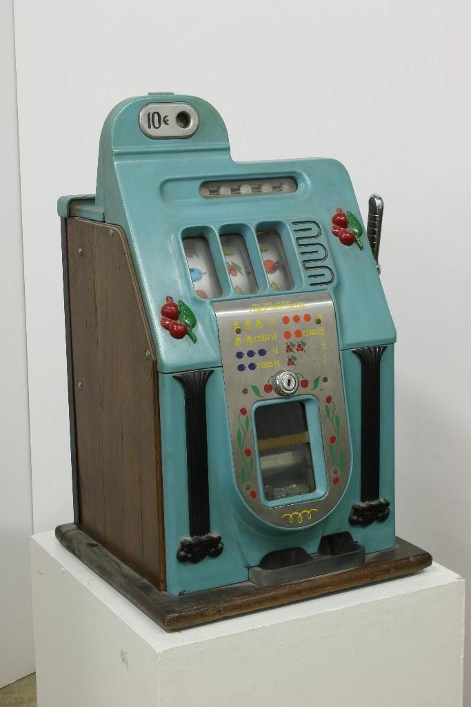 Vintage Mills Golden Falls 10 Cent Slot Machine 1940s: Blue vintage slot machine "Golden Falls" 10 cent. Approx. 25.5 in H x 15 in D x 15 in W.